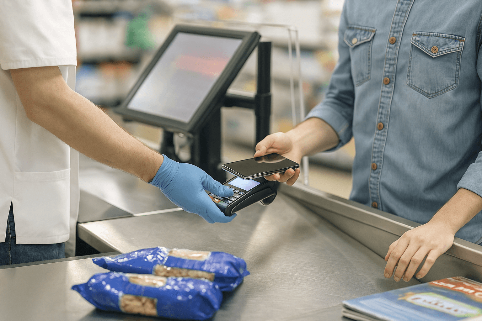Customer paying at a market checkout